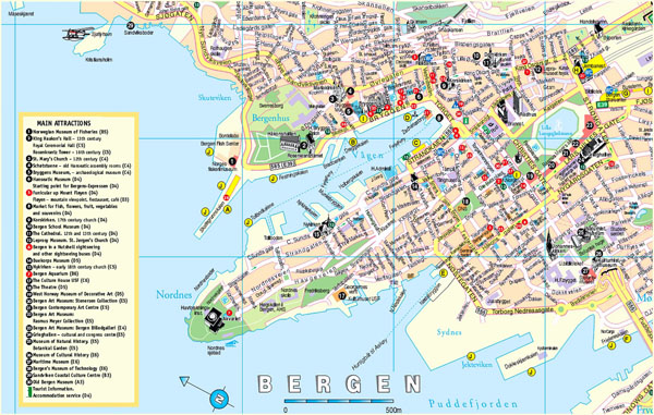 Detailed tourist map of Bergen city, Norway.