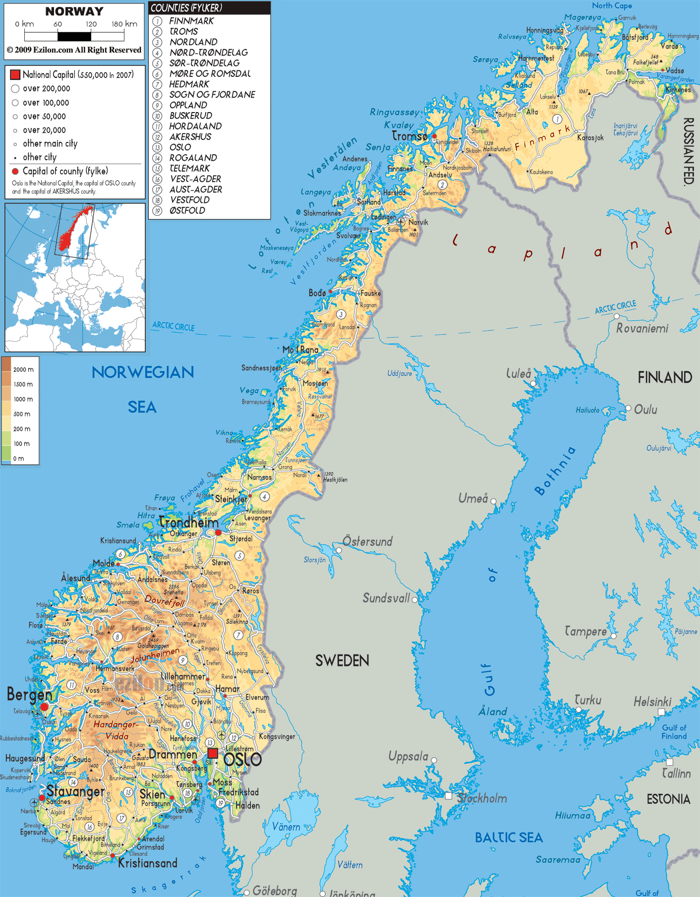 Large detailed physical map of Norway with all roads cities and