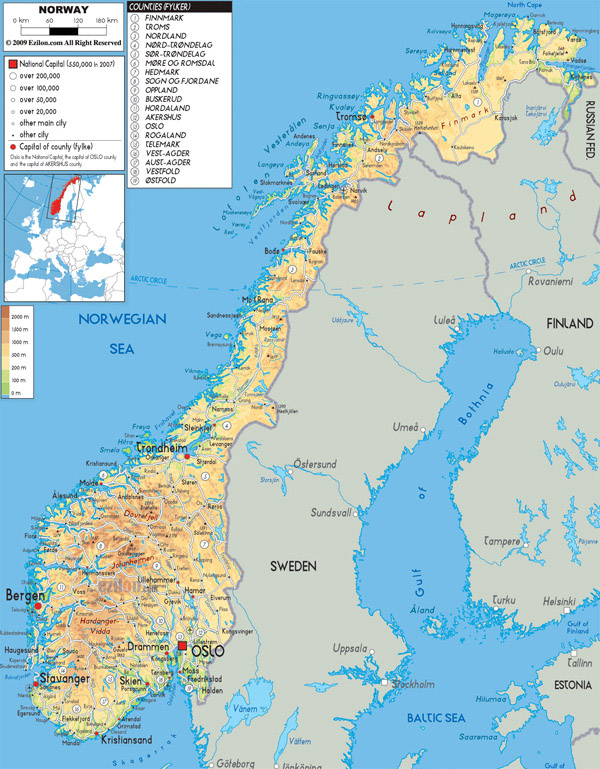 Large detailed physical map of Norway with all roads, cities and airports.