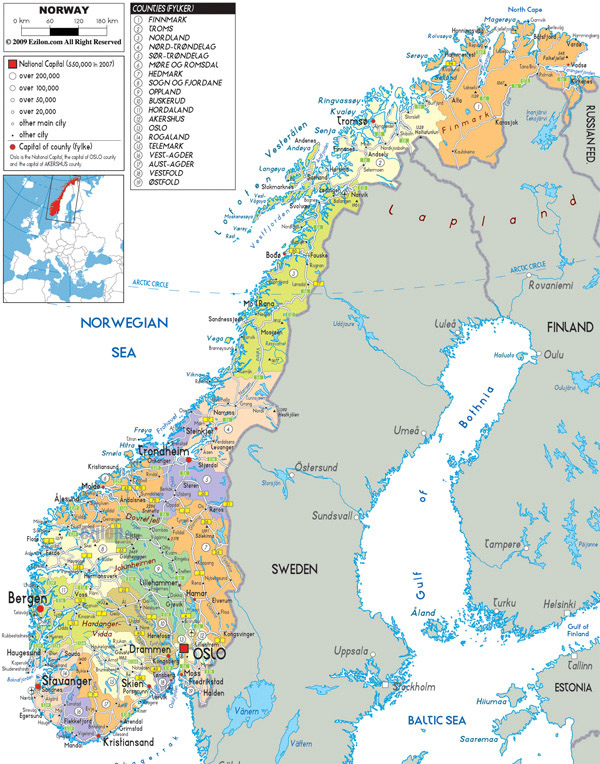 Large detailed political and administrative map of Norway with all roads, cities and airports.