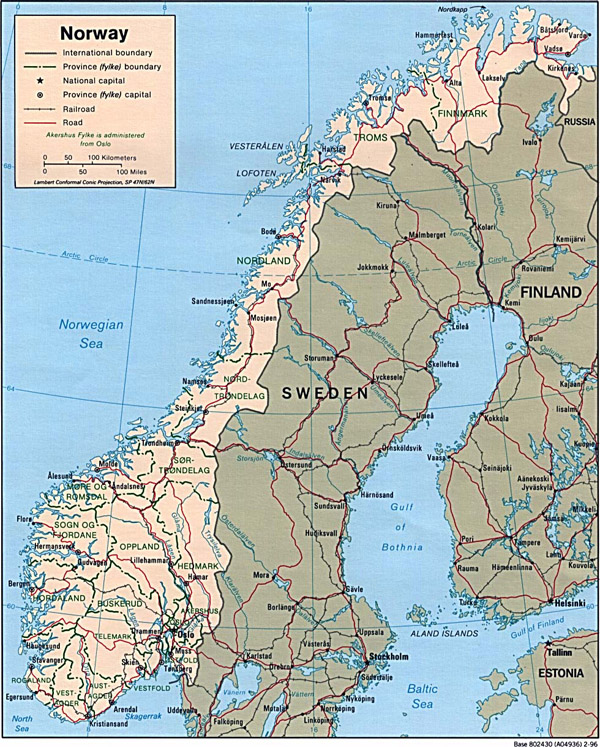 Large detailed political and administrative map of Norway with cities