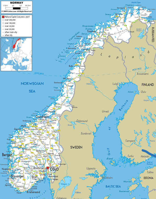 Large detailed road map of Norway with all cities and airports.