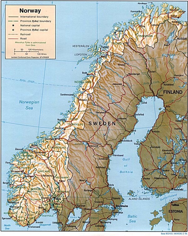 Large relief and administrative map of Norway.