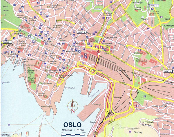 Large detailed map of Oslo city center. Oslo city center large detailed map.