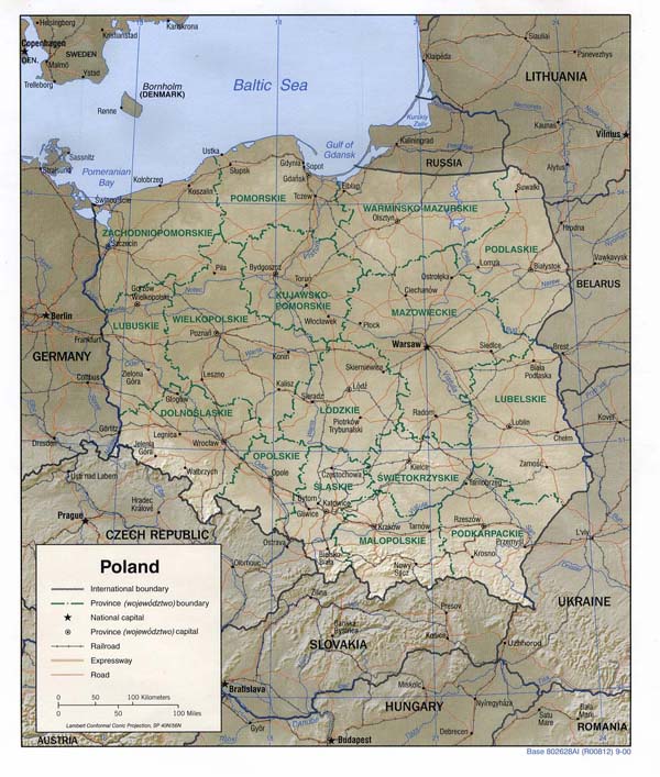 Detailed road and administrative map of Poland.