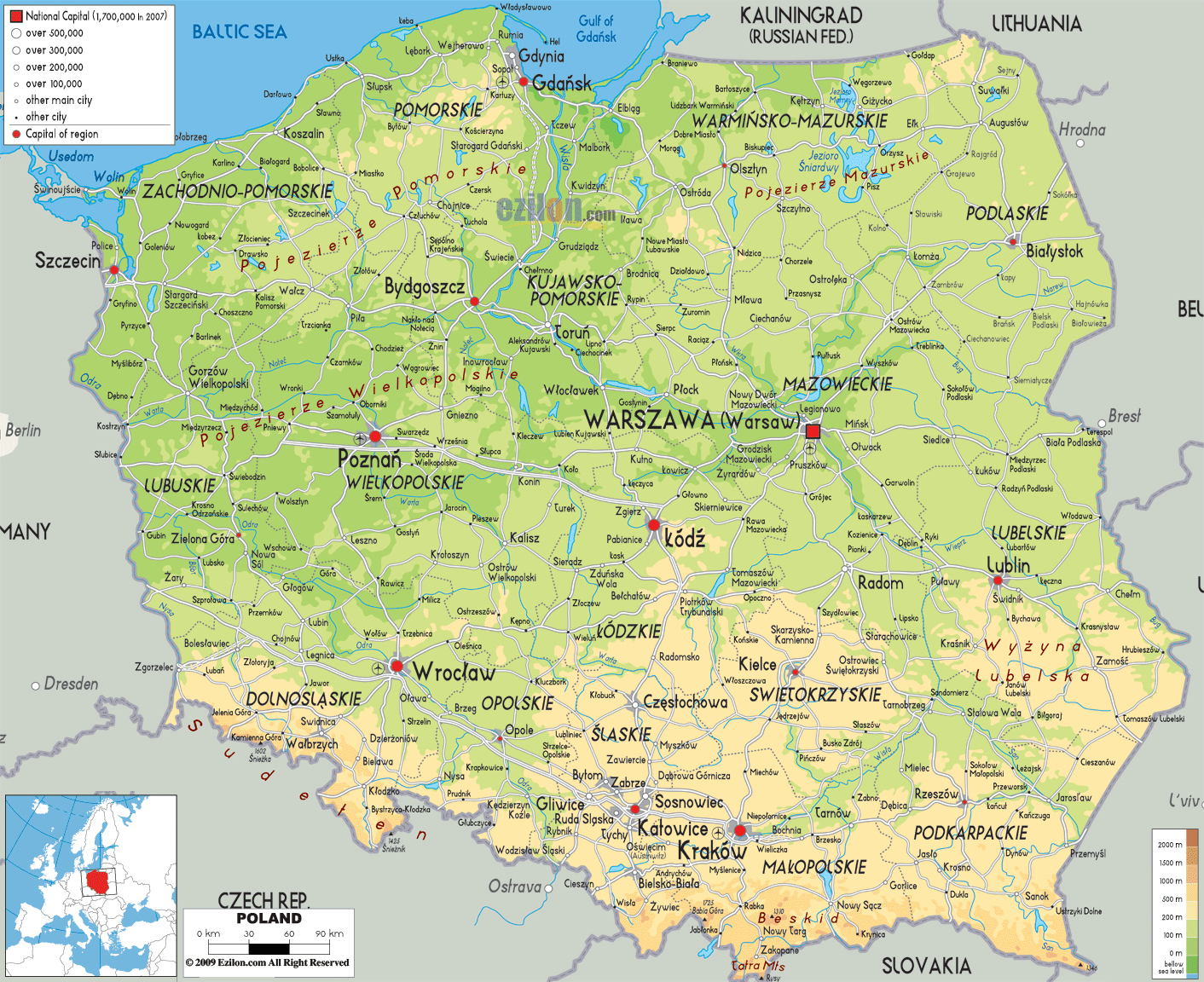 Large detailed physical map of Poland with all cities, roads and