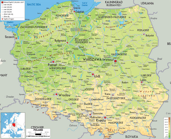 Large detailed physical map of Poland with all cities, roads and airports.