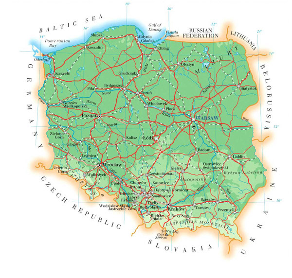 Large detailed physical map of Poland with cities, roads and airports.