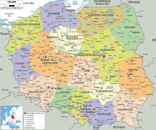 Large detailed political and administrative map of Poland with all cities, roads and airports.