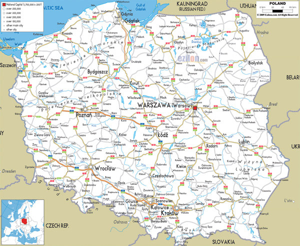 Large detailed road map of Poland with all cities and airports.