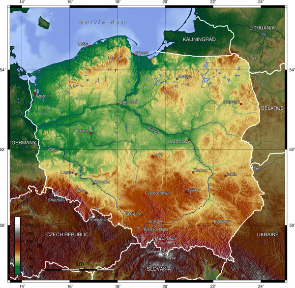 Large detailed topographical map of Poland.