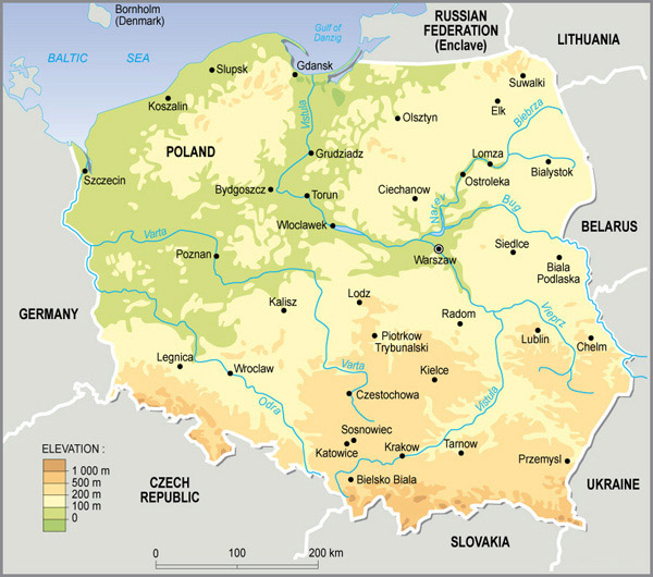 Physical map of Poland. Poland physical map.