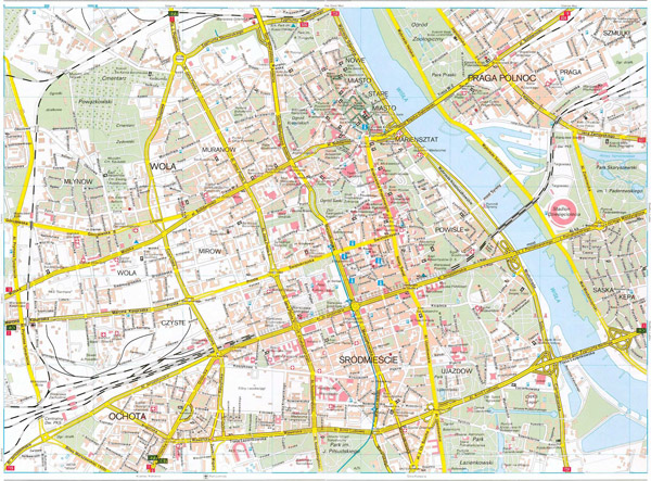 Detailed road map of Warsaw city center.