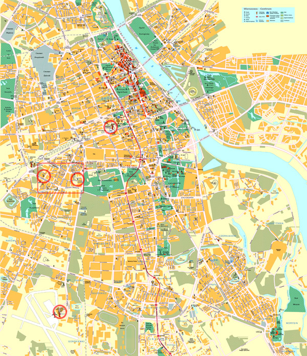 Large detailed road and tourist map of Warsaw city center with buildings.
