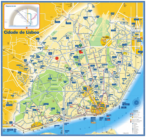 Detailed bus, tram and metro map of Lisbon.