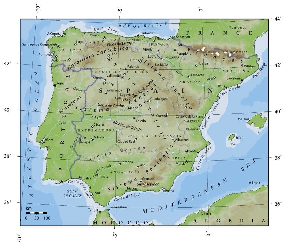 Detailed physical map of Portugal and Spain. Portugal and Spain