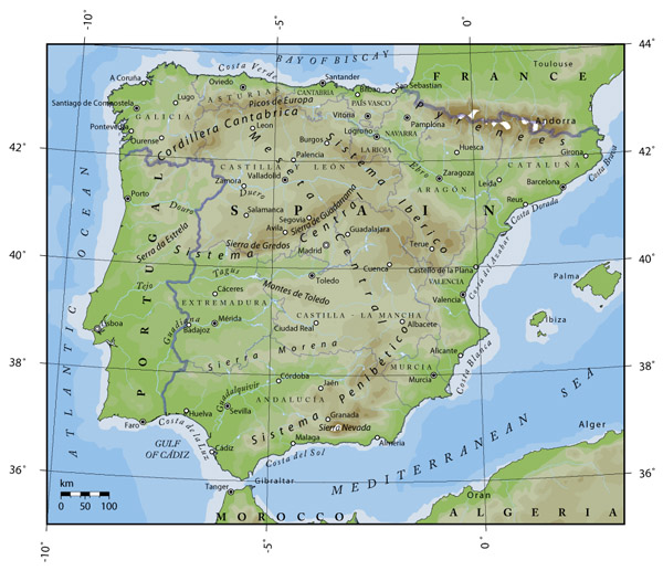 Detailed physical map of Portugal and Spain.