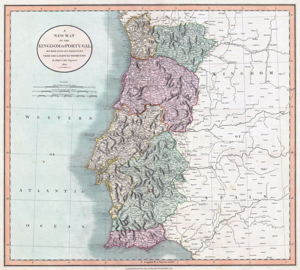 Large detailed old map of Kingdom of Portugal with relief, roads and cities - 1801.