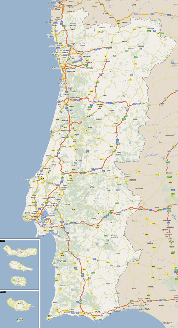 Large detailed road map of Portugal with all cities.