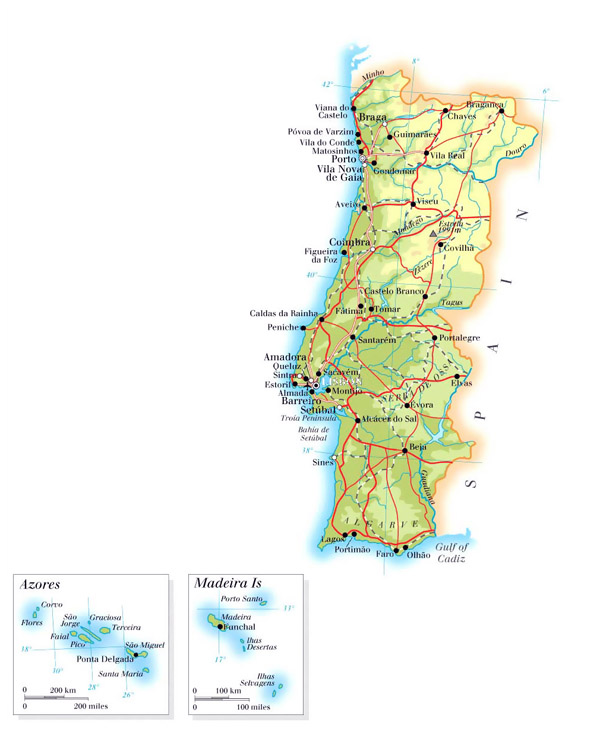 Large elevation map of Portugal with roads, cities and airports.