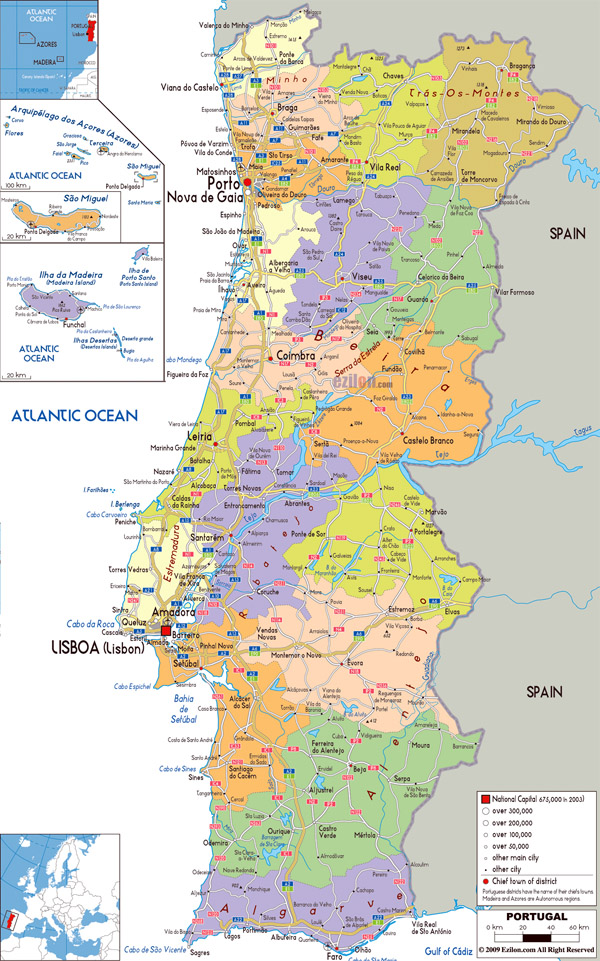 Large political and administrative map of Portugal with roads, cities and airports.