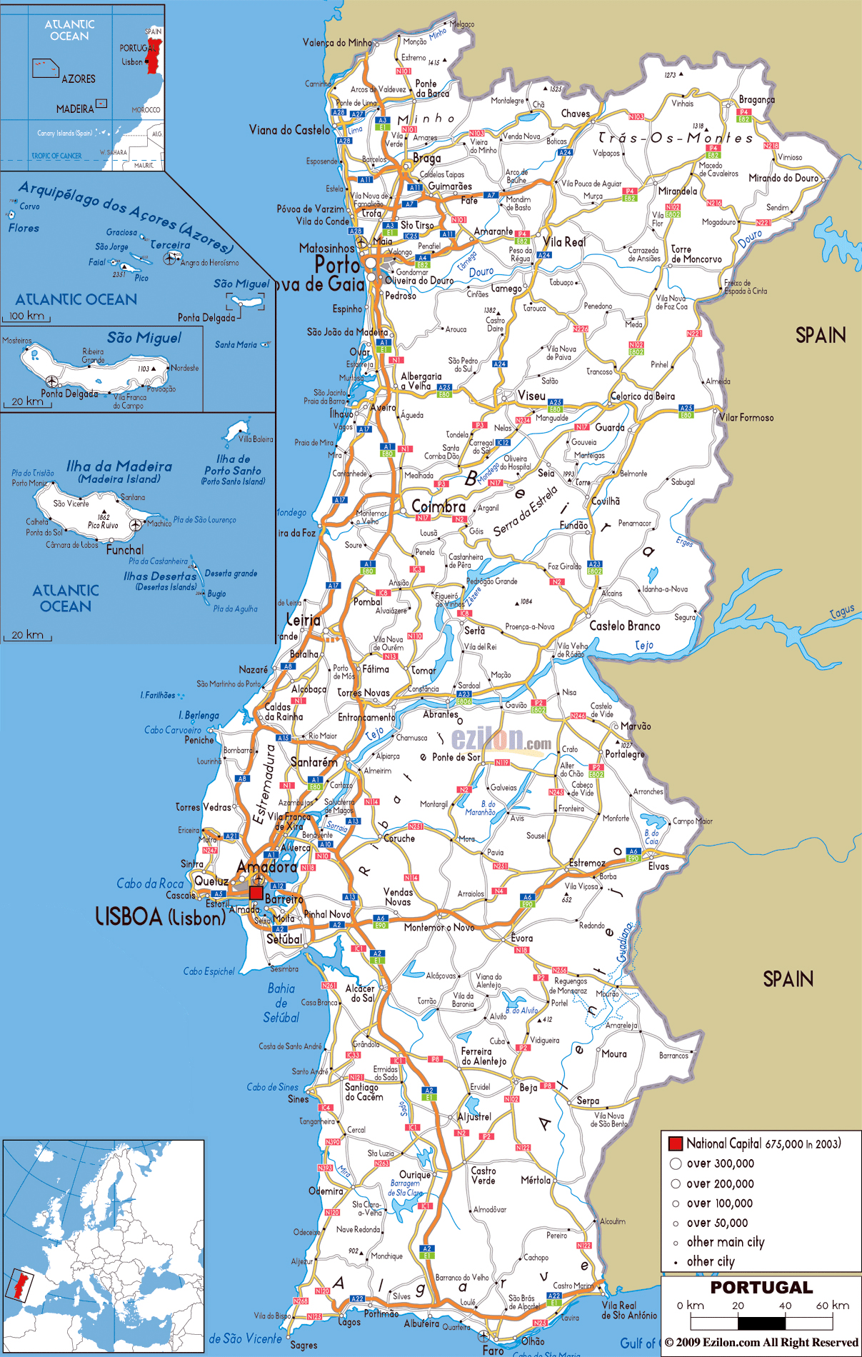 Large Road Map Of Portugal With Cities And Airports Vidiani 