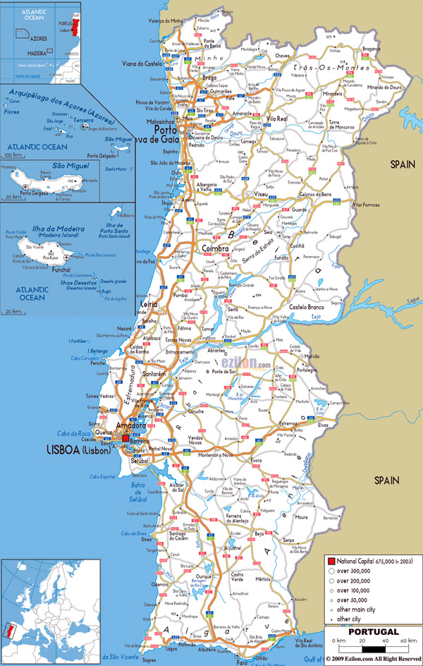 Large road map of Portugal with cities and airports.