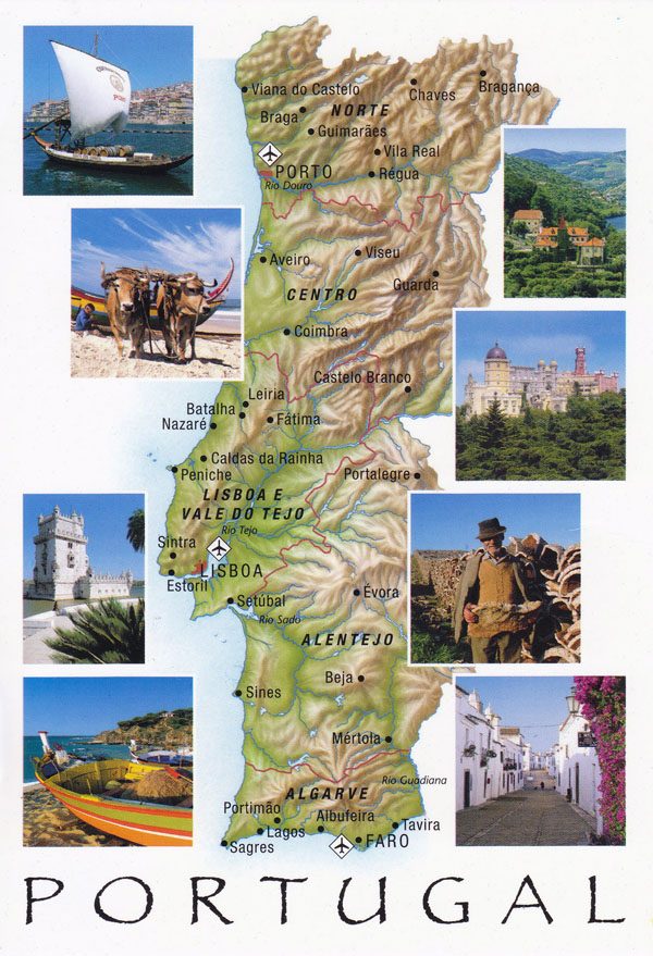 Large tourist map of Portugal with relief.