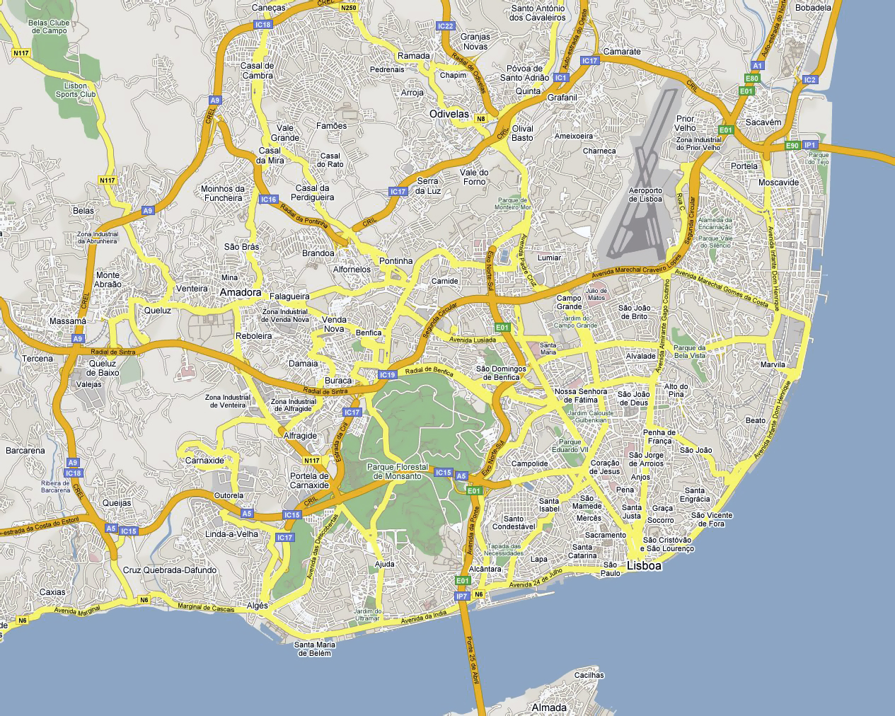 Detailed road map of Lisbon. Lisbon city detailed road map Vidiani