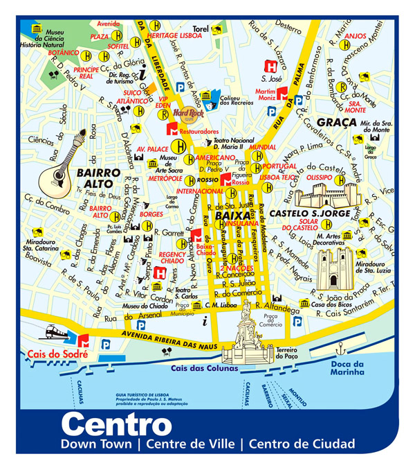 Large detailed tourist map of Lisbon city downtown.