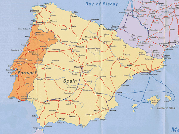 Road map of Portugal and Spain. Portugal and Spain road map.