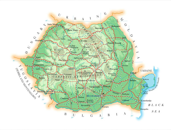 Detailed elevation map of Romania with roads, cities and airports.