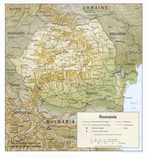 Detailed relief and administrative map of Romania.