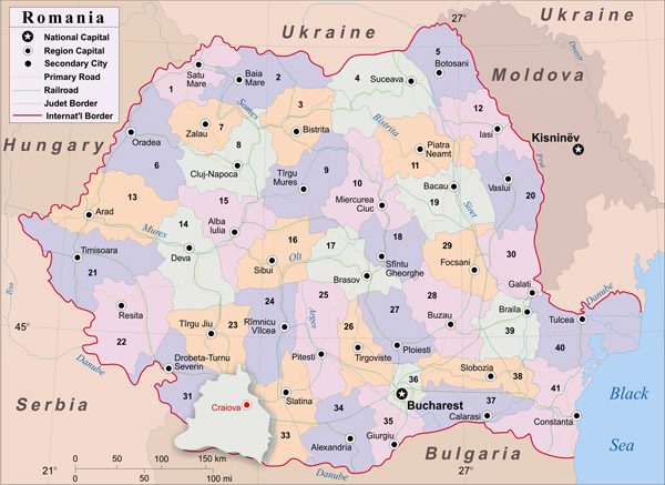 Large administrative map of Romania with cities.