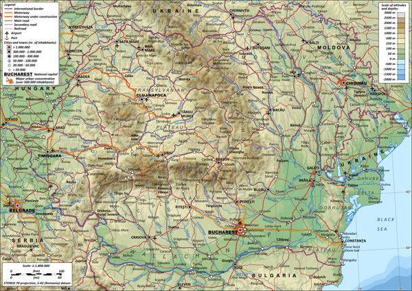 Large detailed physical map of Romania with roads and cities.