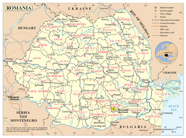 Large detailed political and administrative map of Romania with roads, cities and airports.