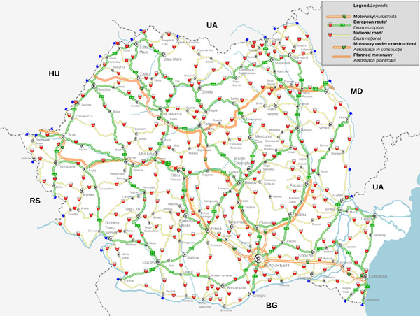 Large detailed road network map of Romania.