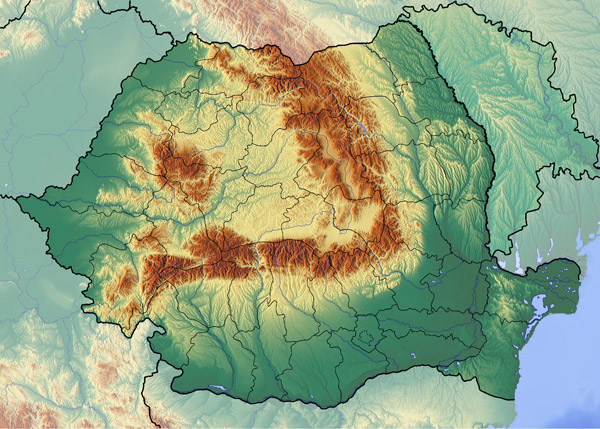 Large topographical map of Romania.