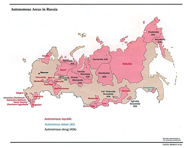 Detailed map of autonomus areas map in Russia - 1992.