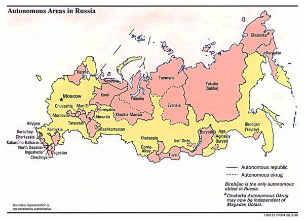 Detailed map of autonomus areas map in Russia - 1996.