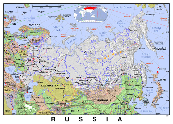 Detailed political map of Russia with relief.