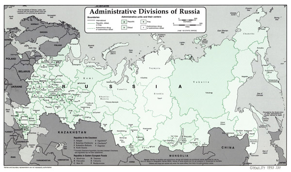 Large administrative divisions map of Russia - 1993.