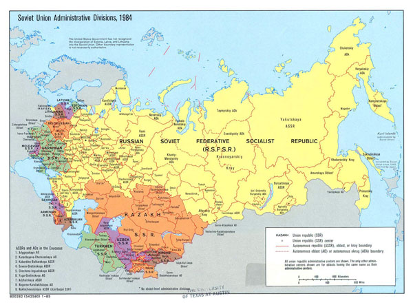 Large detailed administrative divisions map of Soviet Union - 1984.