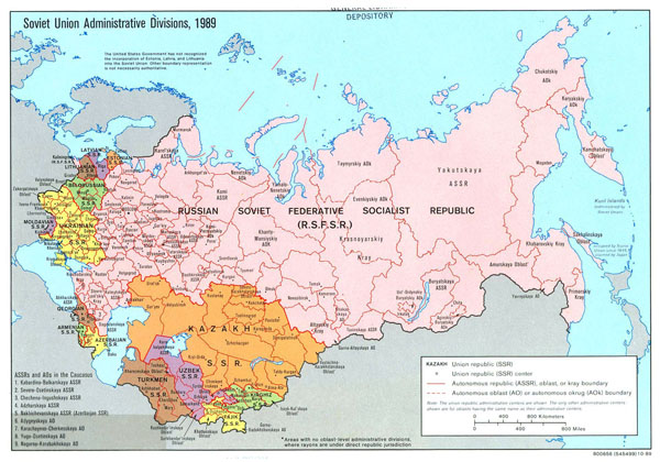 Large detailed administrative divisions map of Soviet Union - 1989.