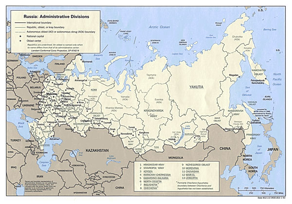 Large detailed administrative divisions map of Russia - 1993.