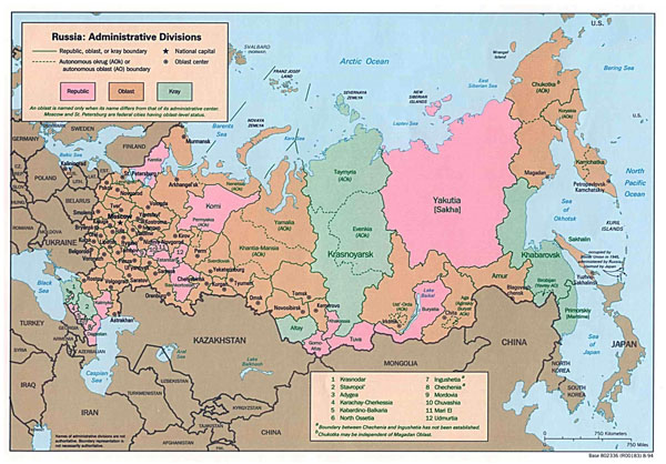 Large detailed administrative divisions map of Russia - 1994.