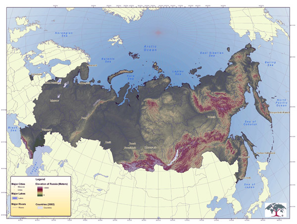 Russia large detailed elevation map. Map of Russia.
