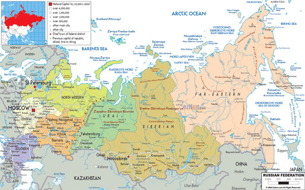 Large detailed political and administrative map of Russia with all roads, cities and airports.