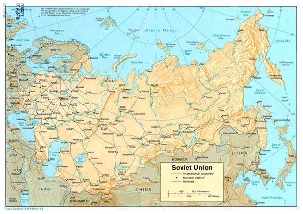 Large political map of Soviet Union with relief, railroads and major cities - 1983.