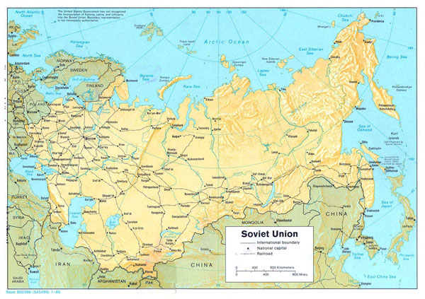 Large political map of Soviet Union with relief, railroads and major cities - 1986.